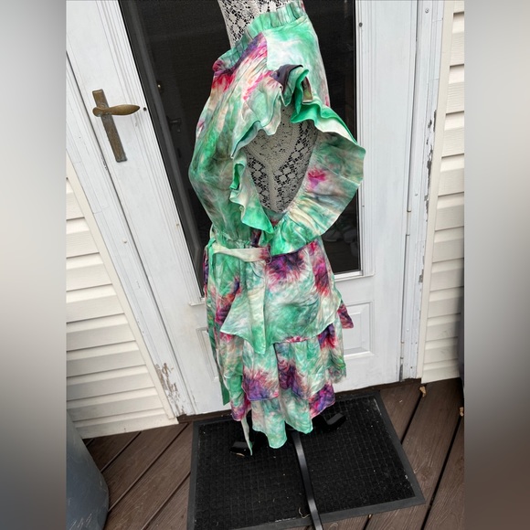 MARIE OLIVER LADIES GREEN PINK TIR DYE RUFFLE SILK COTTON DRESS-S - Picture 4 of 9